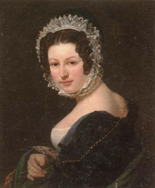 Portrait of a young lady,half-length,wearing a black dress,with a green mantle,and a lace bonnet, unknow artist